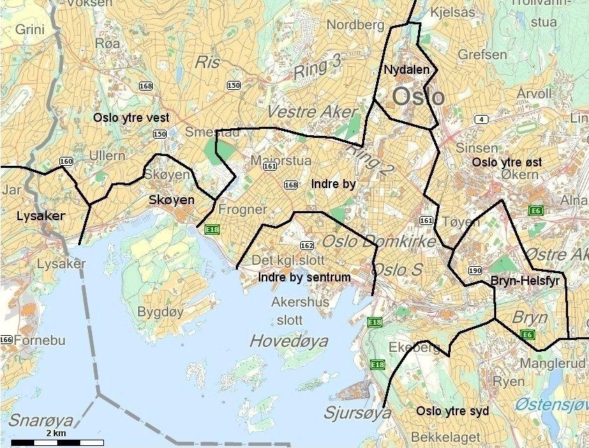 FORUTSETNINGER OG DEFINISJONER Geografisk inndeling kart over sonene Kartene er forsøkt gjengitt så presist som mulig i henhold til postnummerinndelingene som er beskrevet i tabellen lenger ned, men