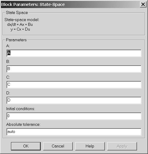 16 TechTeach Figur 1.7: Parametervinduet for tilstandsrommodellblokken i SIMULINK (vinduet åpnes ved å dobbelklikke på blokken) at symbolet 1 brukes for integratoren, er at 1 s s for en integrator.