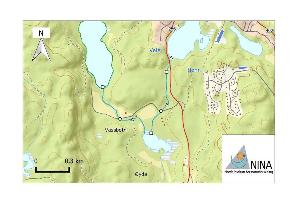 3 Metoder Figur 2. Vassbotnbekken med undersøkelsesstrekninger. Firkanter indikerer startpunkt og trekanter indikerer sluttpunkt for de undersøke områdene. Alle søk startet nedstrøms.