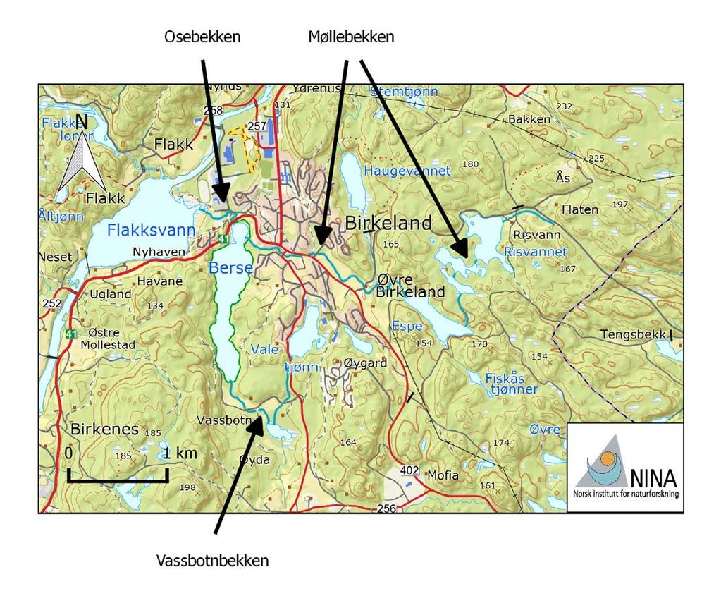 2 Områdebeskrivelse Figur 1. Berse med omliggende områder, inkludert lokalisering av Vassbotnbekken, Møllebekken og Osebekken. Kartet er generert i QGIS 2.16.1 (QGIS Delelopmental Team 2016).