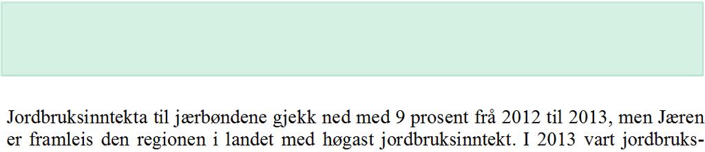 2 Driftsresultatet for jordbruket i Agder og Rogaland 2013 Hovudtendensar: Nedgang i jordbruksinntektene, men stor investeringsvilje i 2013 Jordbruksinntekta til jærbøndene gjekk ned med 9 prosent