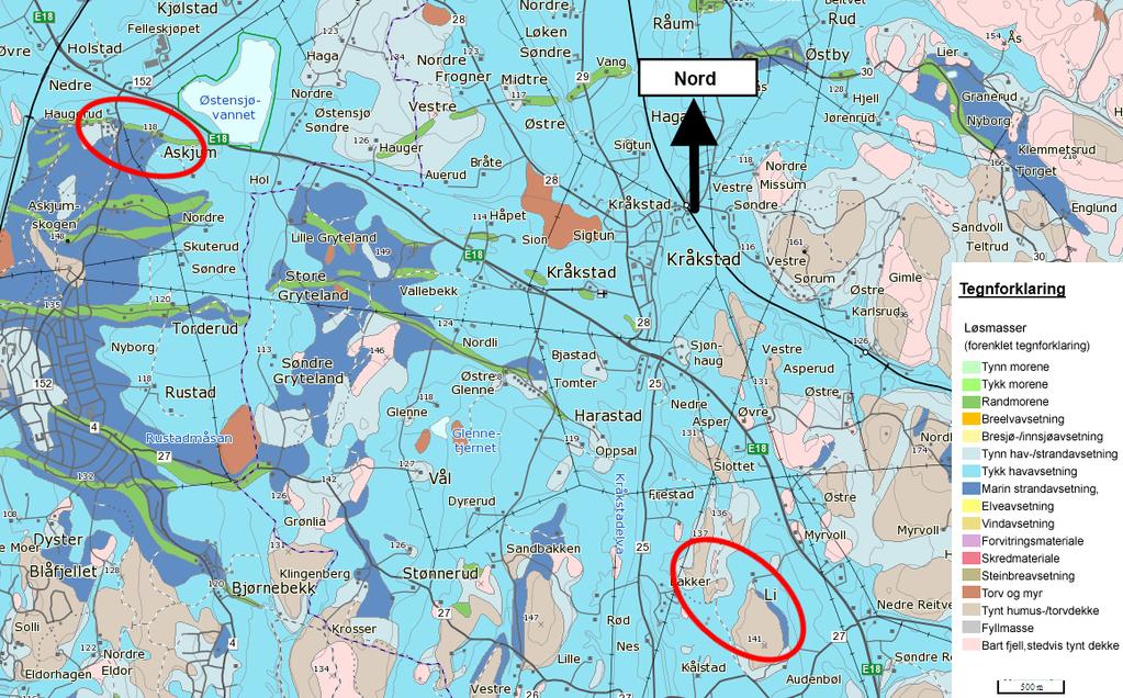 4 Topografiske og geologiske forhold 4.3 Kvartærgeologi Begge tunnelområdene ligger under den marine grensen (ca. 215 m.o.h. i området).