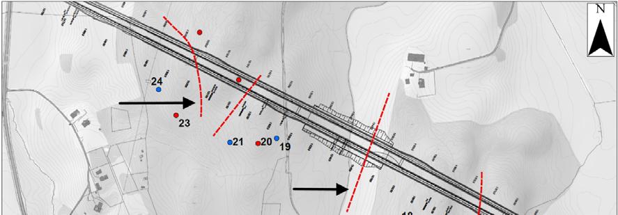 6 Fysiske grunnundersøkelser Figur 12: Registrerte forsenkninger under befaringen 11. mars 2014. 6 Fysiske grunnundersøkelser 6.