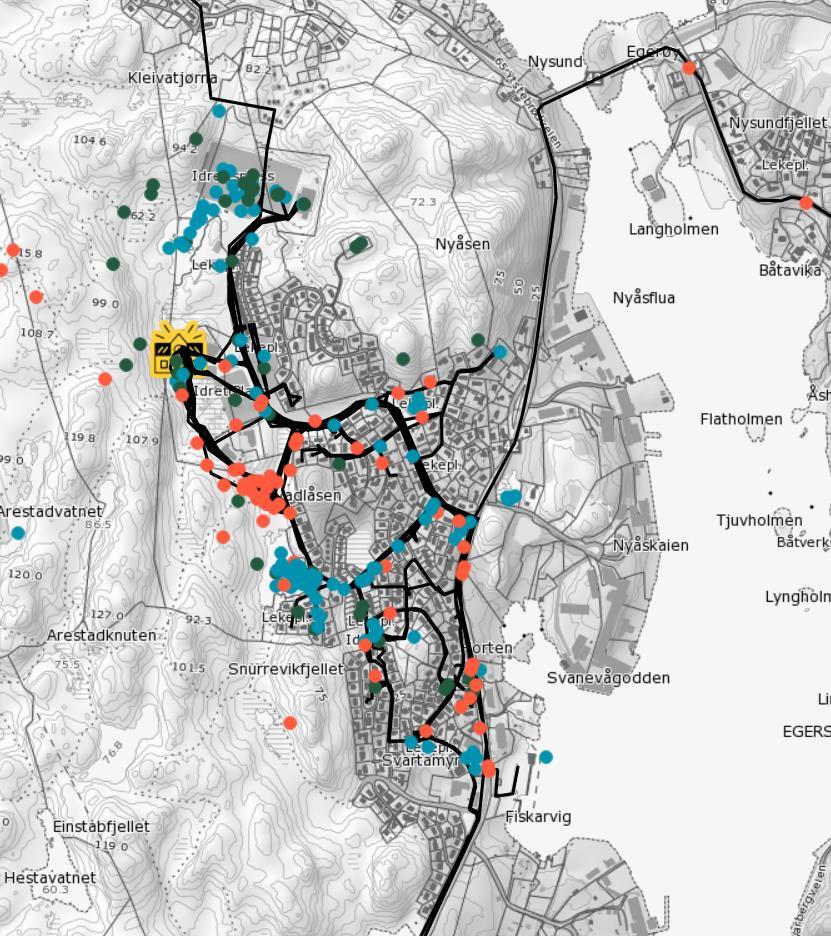 Figur 4: Barnetråkkregistrering fra 7. klasse på Eigerøy skole. Veiene de har registrert er svarte streker.