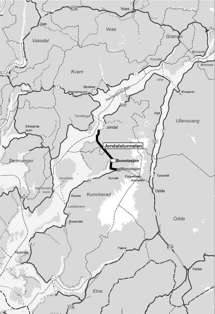 6 St.prp. nr. 72 2007 2008 2 Omtale av utbygginga Hovudmålet med prosjektet er å gi Jondal kommune betre og kortare samband mot Kvinnherad og vidare via Folgefonntunnelen mot Odda og E134.