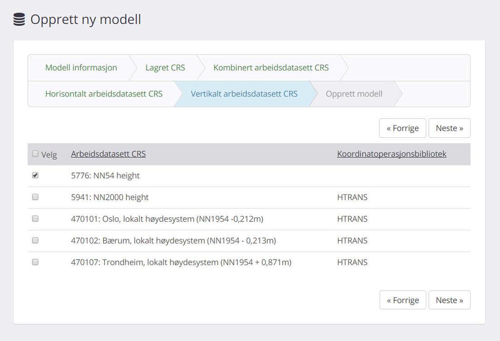 Velg ett eller flere vertikale koordinatreferansesystemer som du ønsker at brukerne skal