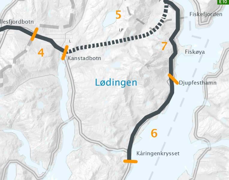 5 Beskrivelse av eksisterende forhold dagens E10 og planområdet 5.1 Beliggenhet Dagens E10 strekker seg fra Fiskefjord til Kanstadbotn via Kåringenkrysset.
