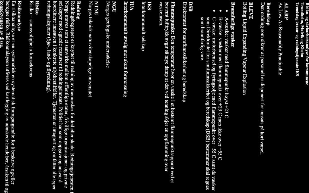 Risiko- og sårbarhetsanalyse for kommunene Trondheim, Malvik og Klæbu Trøndelag brann- og redningstjeneste IKS ALARP As Low As Reasonably Practicable Beredskap Den ordning som sikrer at personell er