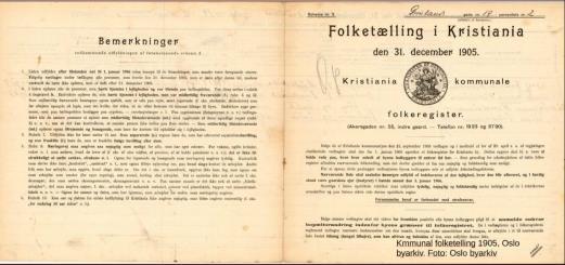 6. Kommunal folketelling 1905, Oslo byarkiv Folketellinger er sentrale kilder til å forstå noe om samfunnsmessige forhold i den aktuelle tiden.