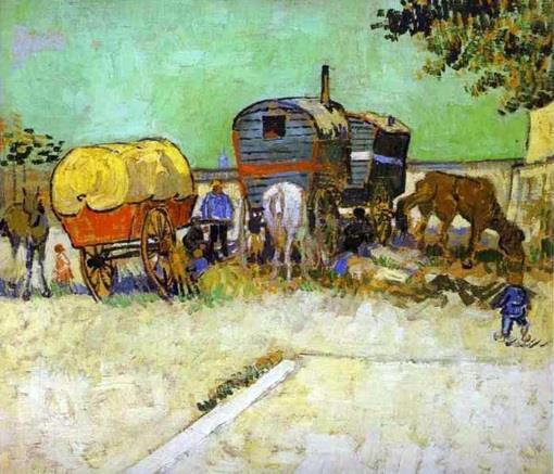 Noen legger vekt på likhetene, andre på forskjellene mellom de to nasjonale minoritetene (Minken, 2015). Vincent Van Gogh, The Caravans - Gypsy Camp near Arles (1888, Oil on canvas).