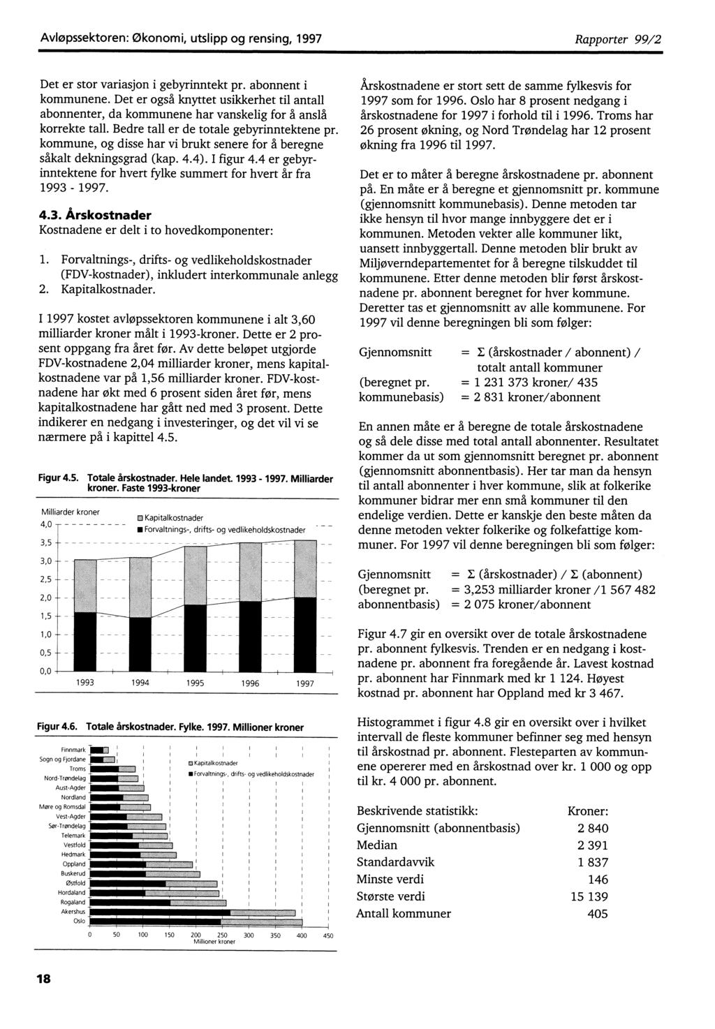 Avløpssektoren: Økonomi, utslipp og rensing, 1997 Rapporter 99/2 Det er stor variasjon i gebyrinntekt pr. abonnent i kommunene.