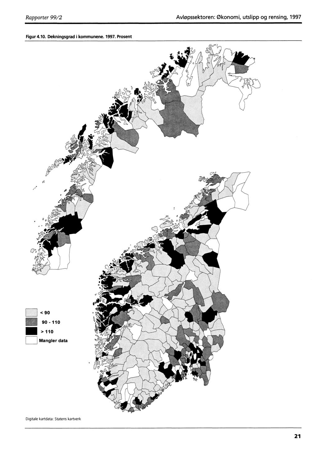 Rapporter 99/2 Avløpssektoren: Økonomi, utslipp og rensing, 1997 Figur 4.1. Dekningsgrad i kommunene.