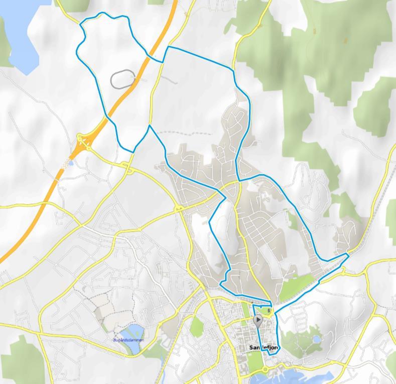 Løypa: NB! Klikk på kartet for flere detaljer. Rundløypa er 15,4 km lang og foregår sentrumsnært i tettbebygde områder. Løypa er til dels kupert og teknisk med krappe svinger og noen smale veier.