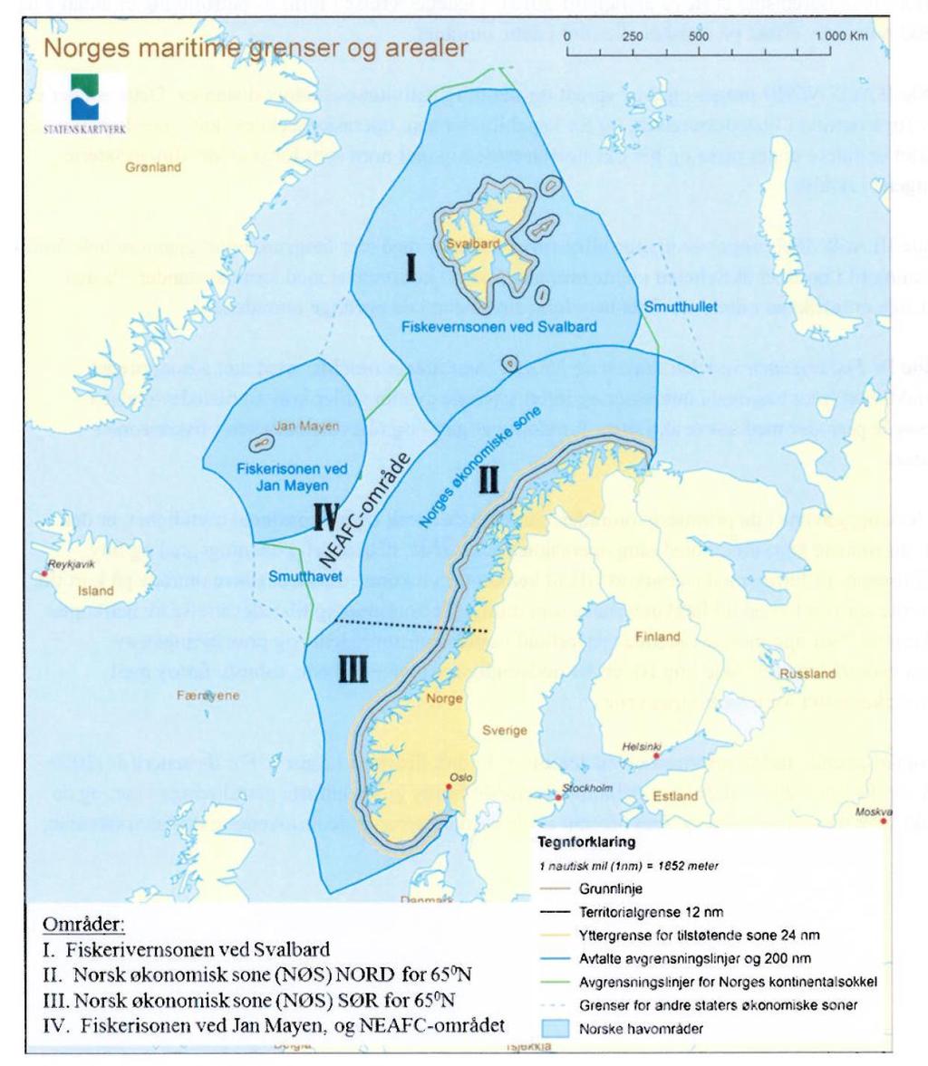 2.3.1 Ytre KV sitt opersjonsområde er i stor grad i nord Figur 2.1 viser prioriterte områder for KV. Ytre KVs ansvarsområde omfatter de norske havområdene I-IV utenfor grunnlinjen.