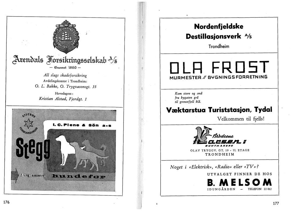 Nordenfjeldske Destillasjonsverk A /s Trondheim runnet 1860 All slags skadeforsikring Avdelingskontor i Trondheim: O. L. Bakke, O. Trygvasonsgt. 35 Hovedagent: Kristian Alstad, Fjordgt. l l. C.