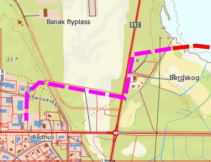 Eget forslag F Forlengelse av løype 15 ved «silhuset», over flyplassveien, følger flyplassgjerdet på sydsiden, krysser vei på østsiden av