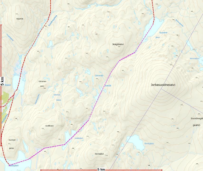 Eget forslag J Fra Suolojavri(Holmvann) til Suoidnejavri(Grasvann) via Goddojavri(Kråkevann) Begrunnelse: Turisme, fiske og friluftsliv. Korte ned kjørestrekning for befolkning.