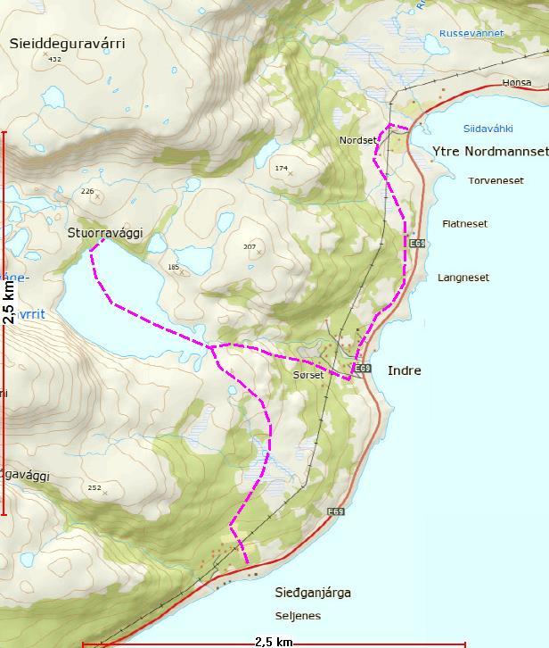 Eget forslag C (Hytte E Tilrettelegging) Fra parkeringsplass Veidnes til løype 6 (Prestevannet/Duolbajavri) Begrunnelse: Nytt forslag fra