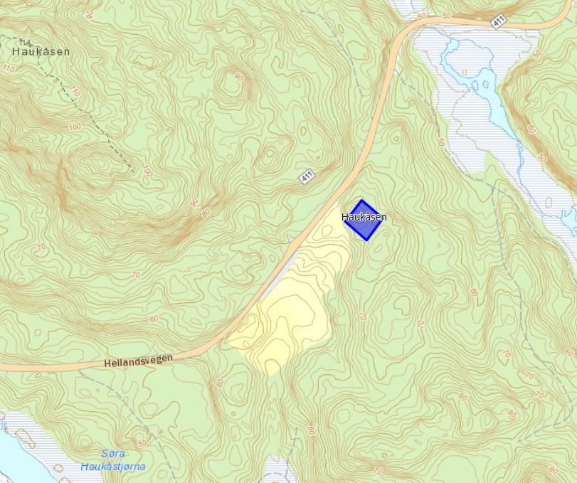 Kommunedelplan for vassforsyning 23 Høgdebasseng Haukåsen Ved Haukåsen er det mogleg å etablere eit basseng med vassnivå kote 75 nært til eksisterande vassleidning, både på nord og sørsida av vegen.