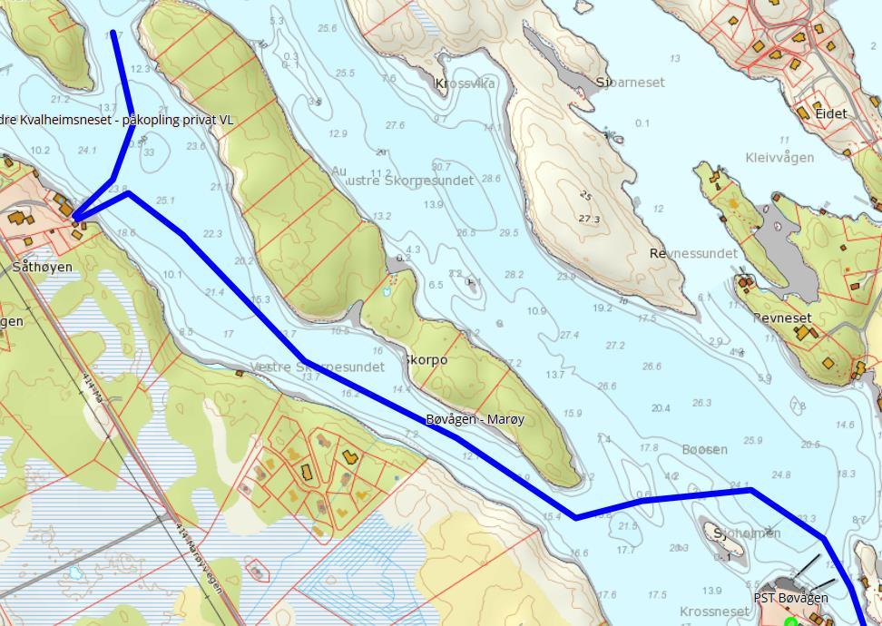 Figur 9 Ny vassleiding Øvre Kvalheim mot Kvalheimneset Bøvågen Marøy, Nordre Kvalheimsneset Ny vassleidning mellom Bøvågen og Marøy