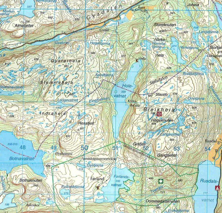 Figur 6-9. Utsnitt av turkart Dalane ved Holevatnet og Førland. Vannaktiviteter Det er ingen offentlig tilrettelagte badeplasser i undersøkelsesområdet (jf. Dalane Friluftsråd sin nettsider).