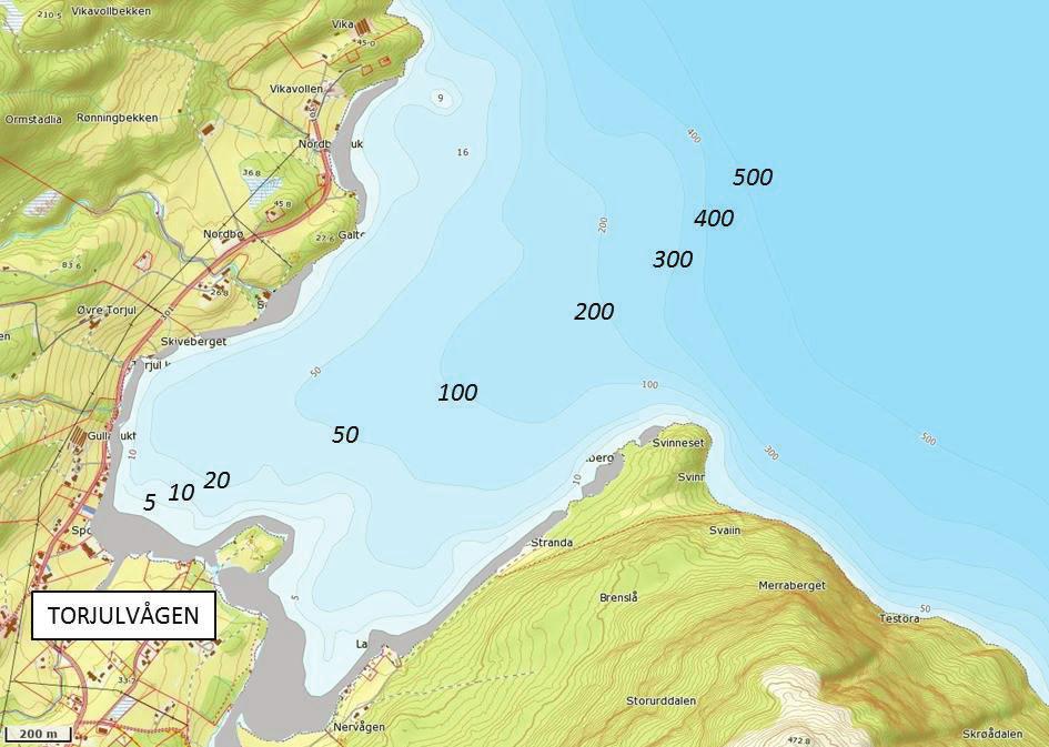 Torjulvågen er svært langgrunn inst, med ei sandfjøre som er om lag 150 meter lang, og ein må nesten 200 meter frå land ved anlegget før djupna når 10 meter.