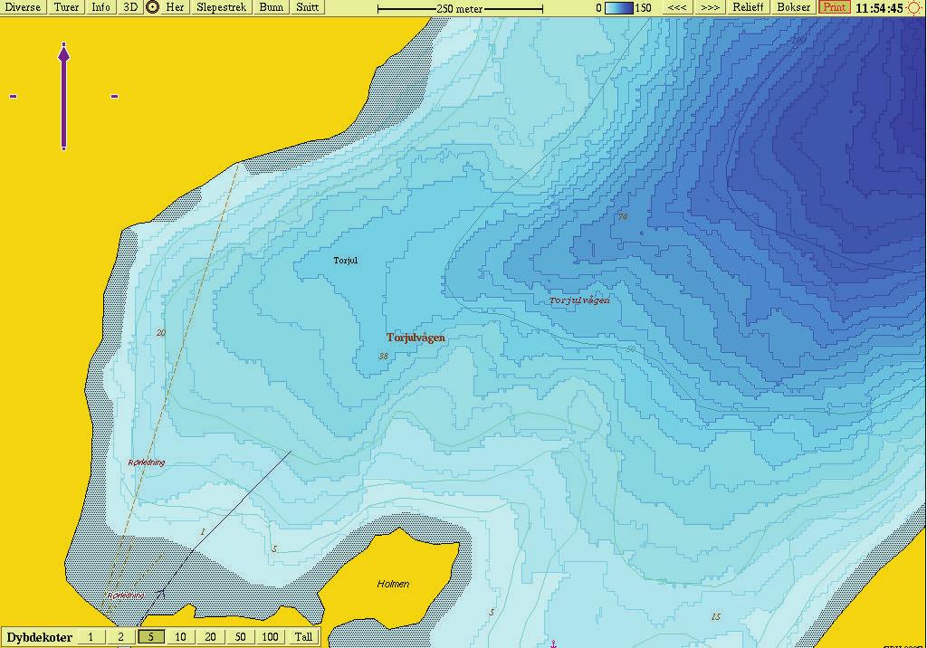 Figur 4. Olex djupnekart for Torjulvågen med 5-meters djupnekoter.