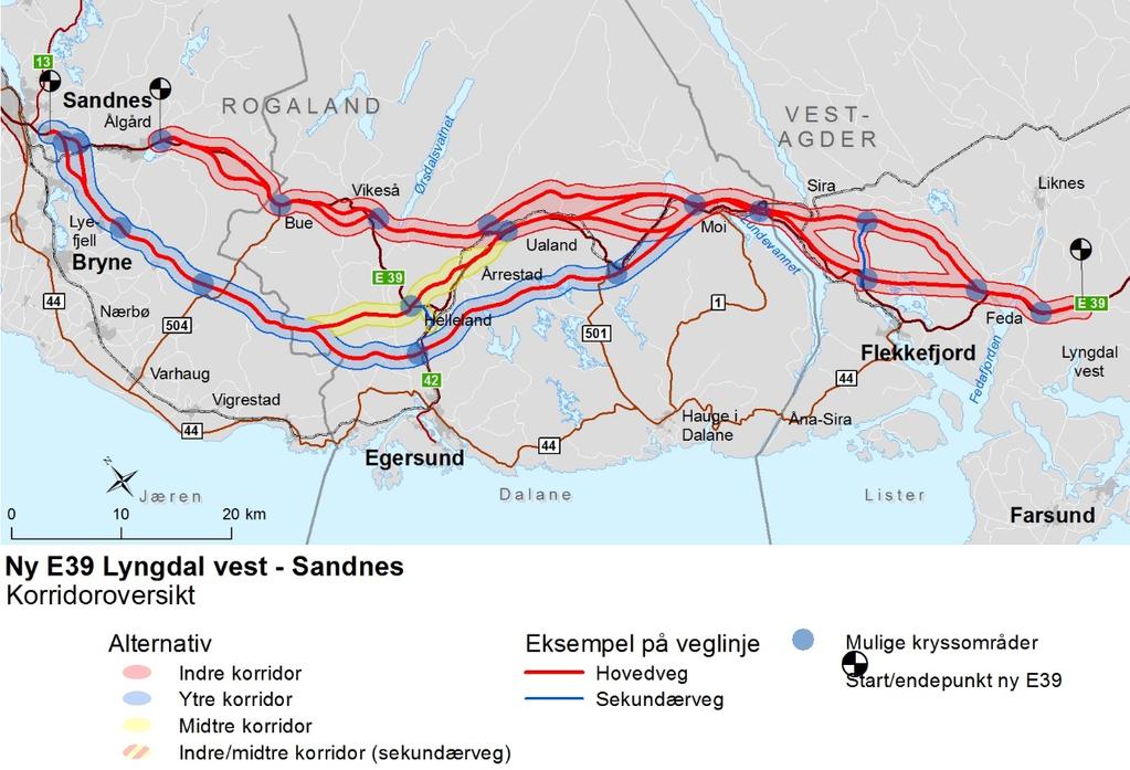 UTKAST TIL PLANPROGRAM Som et resultat av silingsarbeidet har det opprinnelige private forslaget til en linje Høg-Jæren (Eigersund Sokndal-Flekkefjord), blitt omdefinert til to varianter over