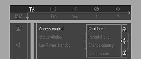 Tilgangskontroll Sikringskode (DVD og VCD) Aktivere/deaktivere sikringskoden (Child Lock) 1 I stoppmodus velger du ACCESS CONTROL (Tilgangskontroll) i funksjonsmenyen med 3/4-tastene.