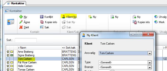 KUNDE/KLIENT Opprette nytt kunde-klientkort Marker kontakten i kontaktoversikten og klikk på knappen Ny kunde/klient,.