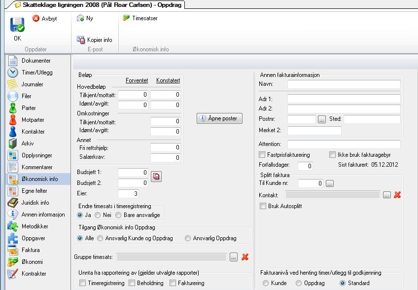 Økonomisk informasjon På denne siden kan man overstyre forfallsdager og fakturaadresse som ligger på kunde/klientkortet, og timesatser som ligger på personalkortet og på kunde/klientkortet.