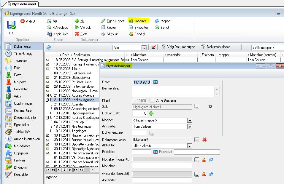 oppdrag/sakskortet med funksjonsknappen Importer eksternt dokument.