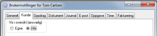 Kunde/klient Her kan man angi om man ønsker å se alle kunder/klienter eller kun de man har ansvaret for når kundeoversikten åpnes.