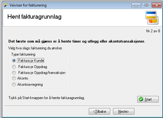 Man bør videre starte faktureringen med å åpne veiviseren med knappen.