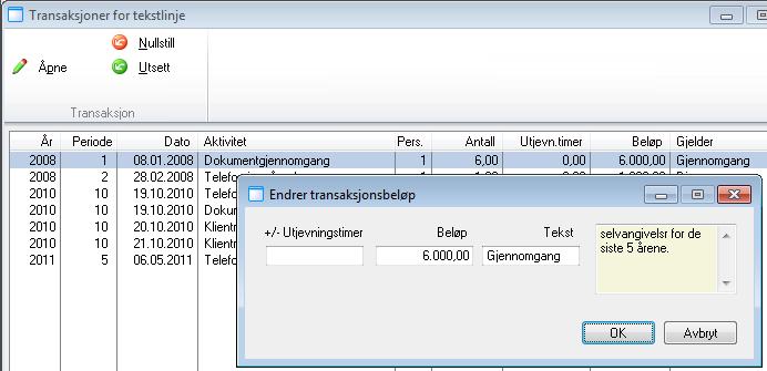 Hvis man skal endre verdien eller tekst knyttet til en enkelt transaksjon må transaksjonen åpnes: Kort-tekst, langtekst og beløp knyttet til den enkelte transaksjonen kan nå endres: Tekst og beløp