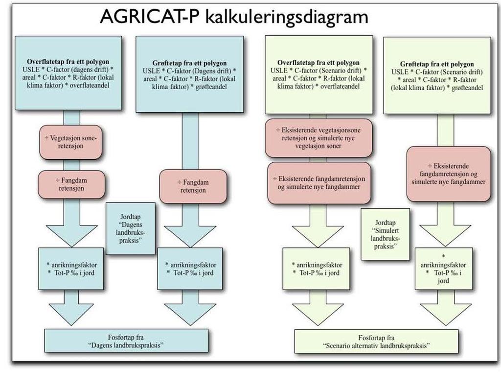 Beregningsdiagrammet til Agricat P er vist i Figur 3.1. De viktigste variablene er satt opp i tabell 3.1. Beregningsrekkefølgen er organisert slik at Agricat-P tar hensyn til samspillseffekter.