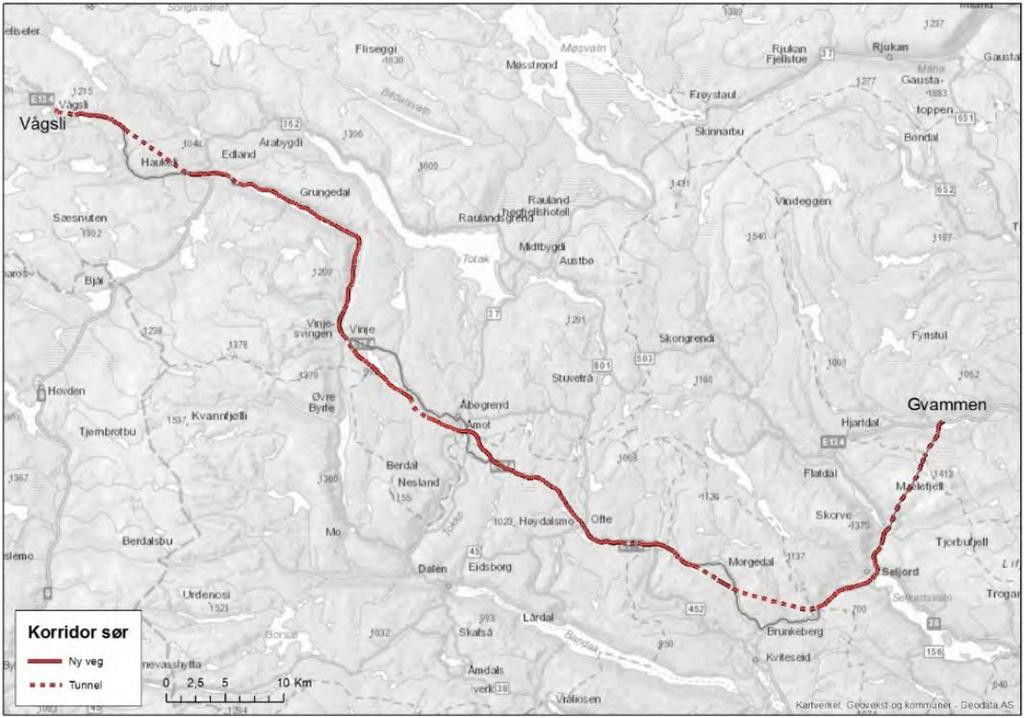 Illustrasjon: Korridor Sør. Rød linje er ny/ oppgradert veg. Illustrasjon: Korridor Nord. Rød linje er ny veg.