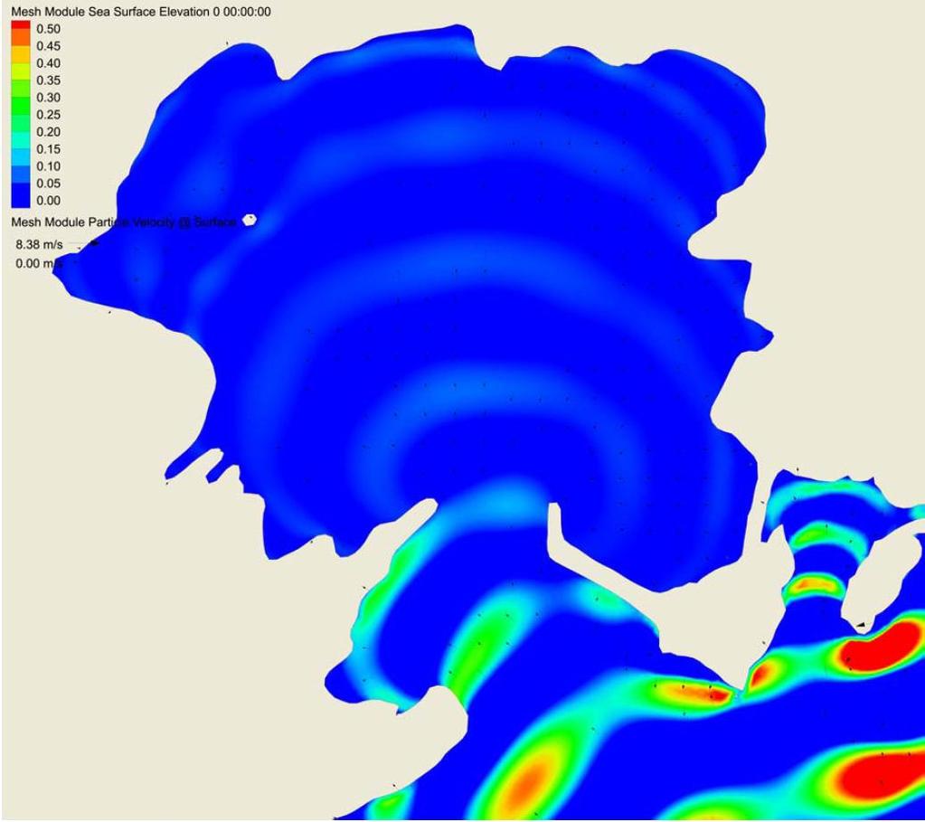 Bølgehøydekoeffisient 18 Figur 15 Alt. 4: Bølger med periode T = 12 s, bølgehøyde H = 1.0 m, retning 150º Periode T = 12 s 0.5 0.45 0.4 0.35 0.3 0.