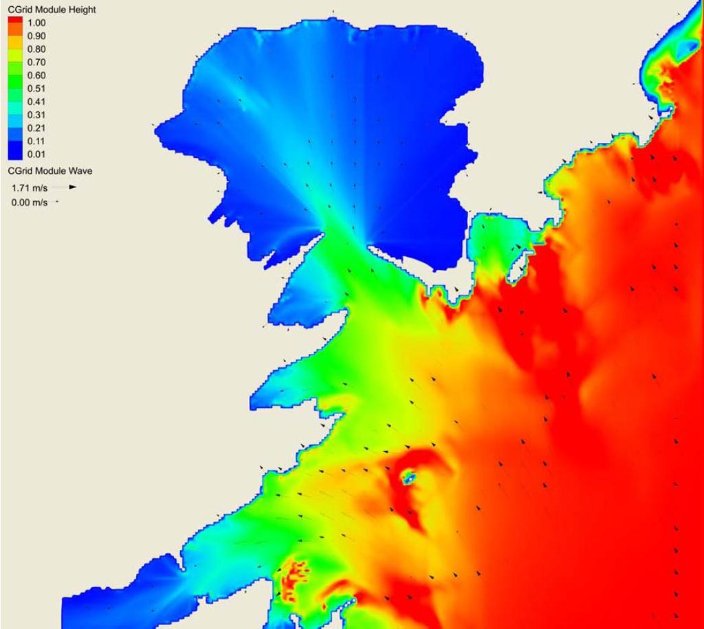 9 Figur 3 Modellering av bølger med spektral modell (STWAVE), innkommende retning 150, signifikant bølgehøyde H s = 1.0 m og spektral topp-periode T p = 12 s.