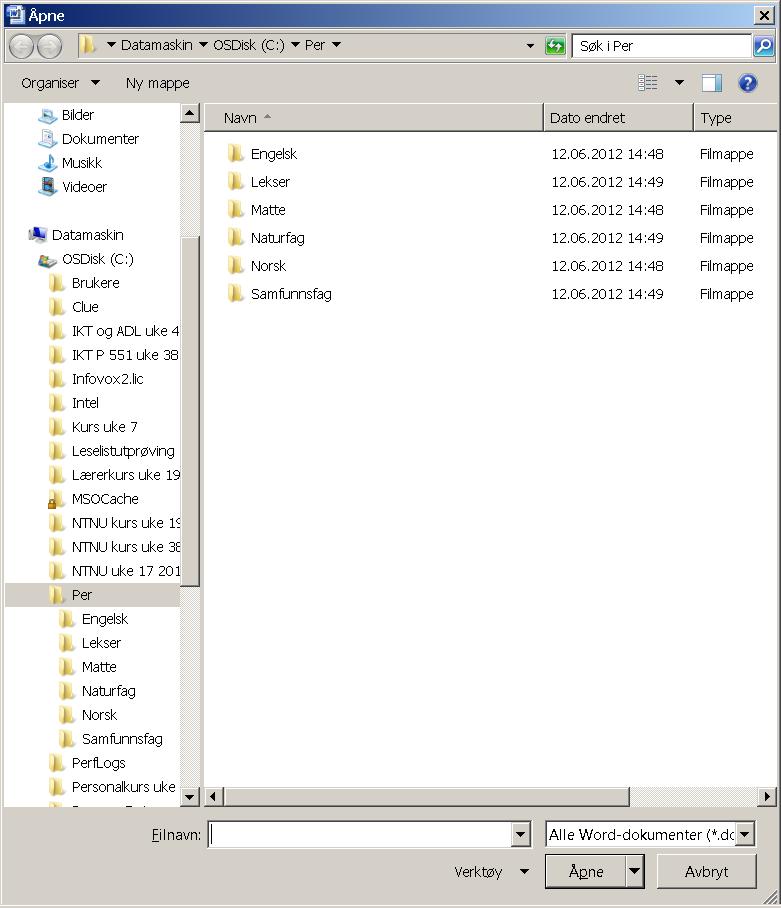 Oppstartmappe i Microsoft Word Eleven må kunne finne riktig mappe: Ctrl+o (markøren står nå i feltet Filnavn) Shift+Tab to ganger, trykk tasten for første bokstav