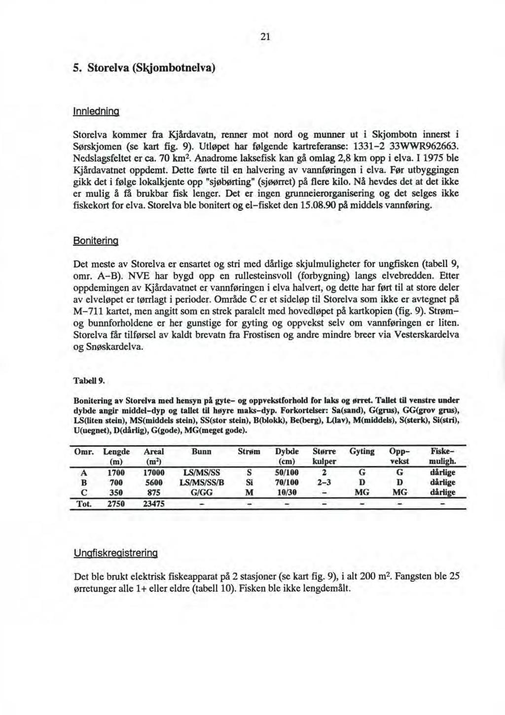 21 5. Storelva (SltjombotneJva) nnledning Storelva kommer fra Kjårdavatn, renner mot nord og munner ut i Skjombotn innerst i Sørskjomen (se kart fig. 9).