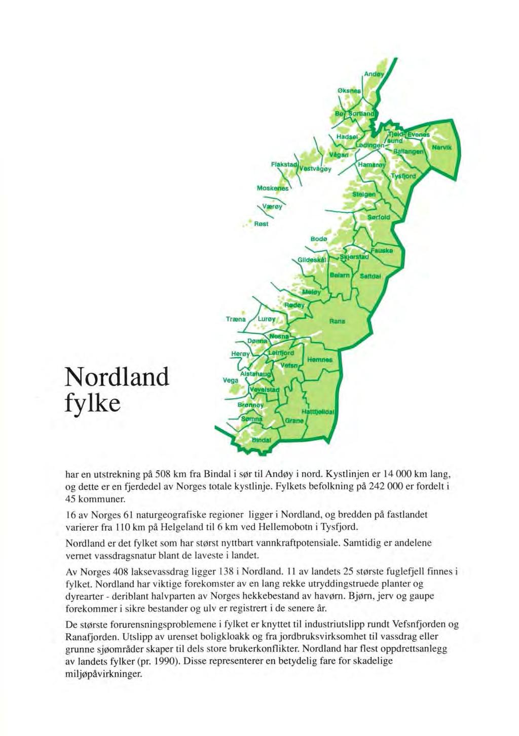 Nordland fylke har en utstrekning på 508 km fra BindaJ i sør til Andøy i nord. Kystlinjen er 14 000 km lang, og dette er en fjerdedel av Norges totale kystlinje.