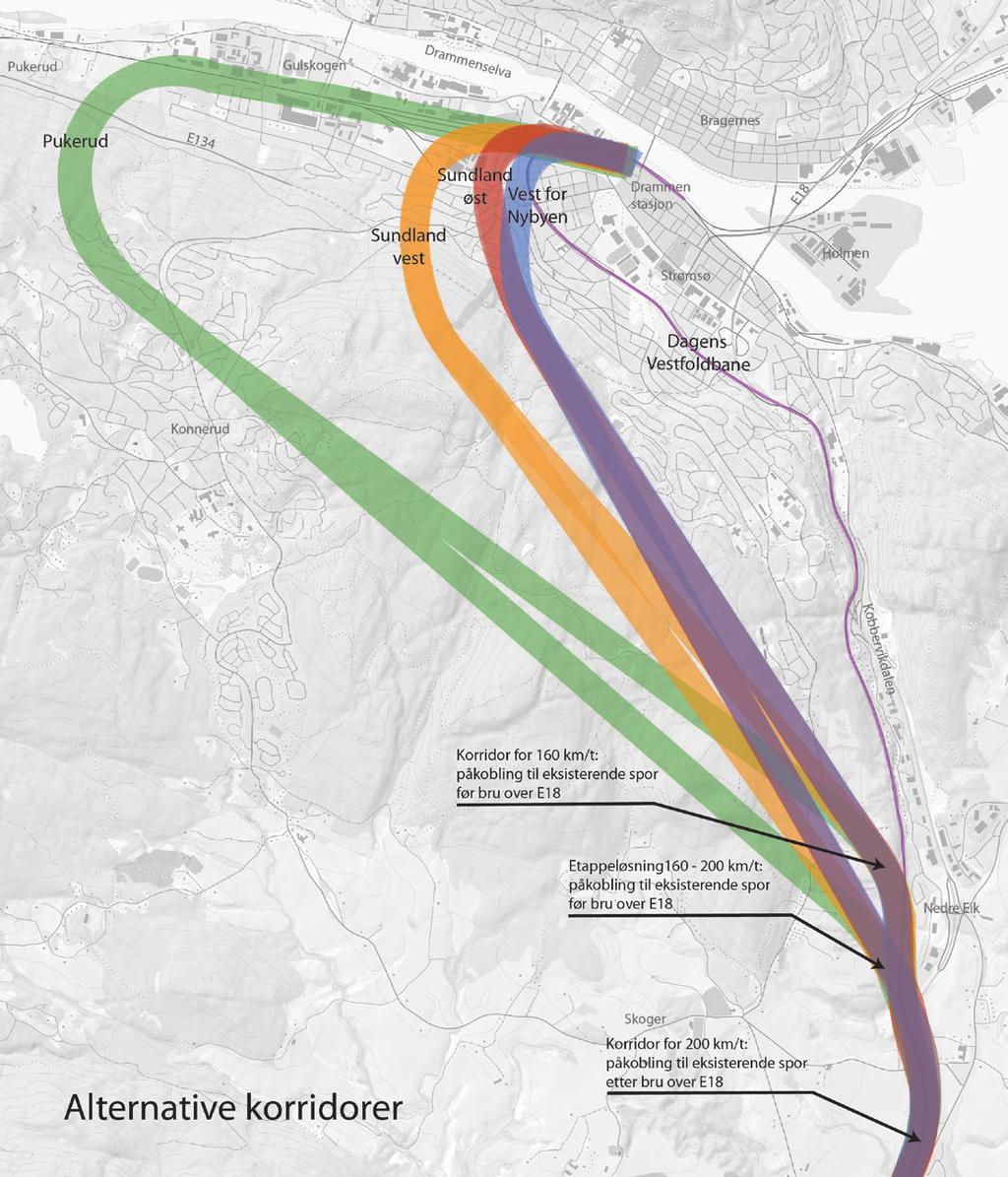 Utredningsalternativene: Fire korridorer Planlagt dobbeltspor starter på Drammen stasjon og kobles til eksisterende spor i Kobbervikdalen.