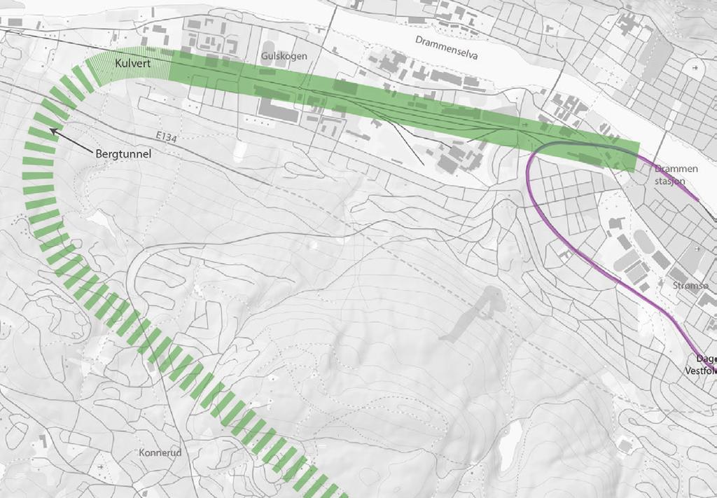 Korridor Pukerud: «Pukerud» Alternativet i korridor Pukerud grener av mellom boligområdene ved Gulskogen og Pukerud, og føres under Sørlandsbanen for så å fortsette mot Kobbervikdalen.