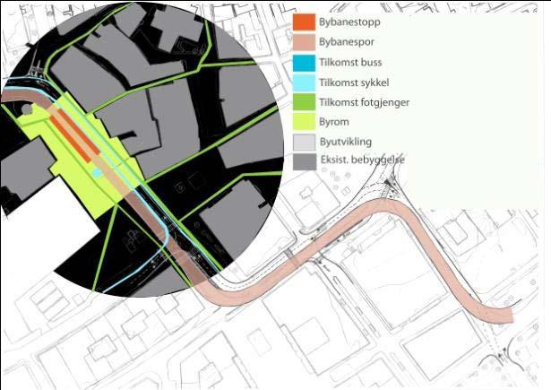 I sentrumsområdet er det gjort analyser av følgende aktuelle holdeplasser: Kaigaten, med justert beliggenhet mot sør i forhold til endeholdeplassen i Starvhusgaten Torget Sandbrogaten: holdeplass med