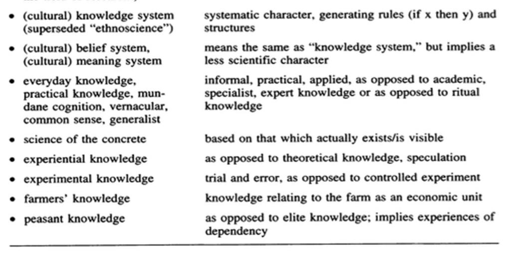 Veldig mange av disse kunnskapstypene inngår i hvordan vi vanligvis omtaler lokalkunnskap, og en rekke av