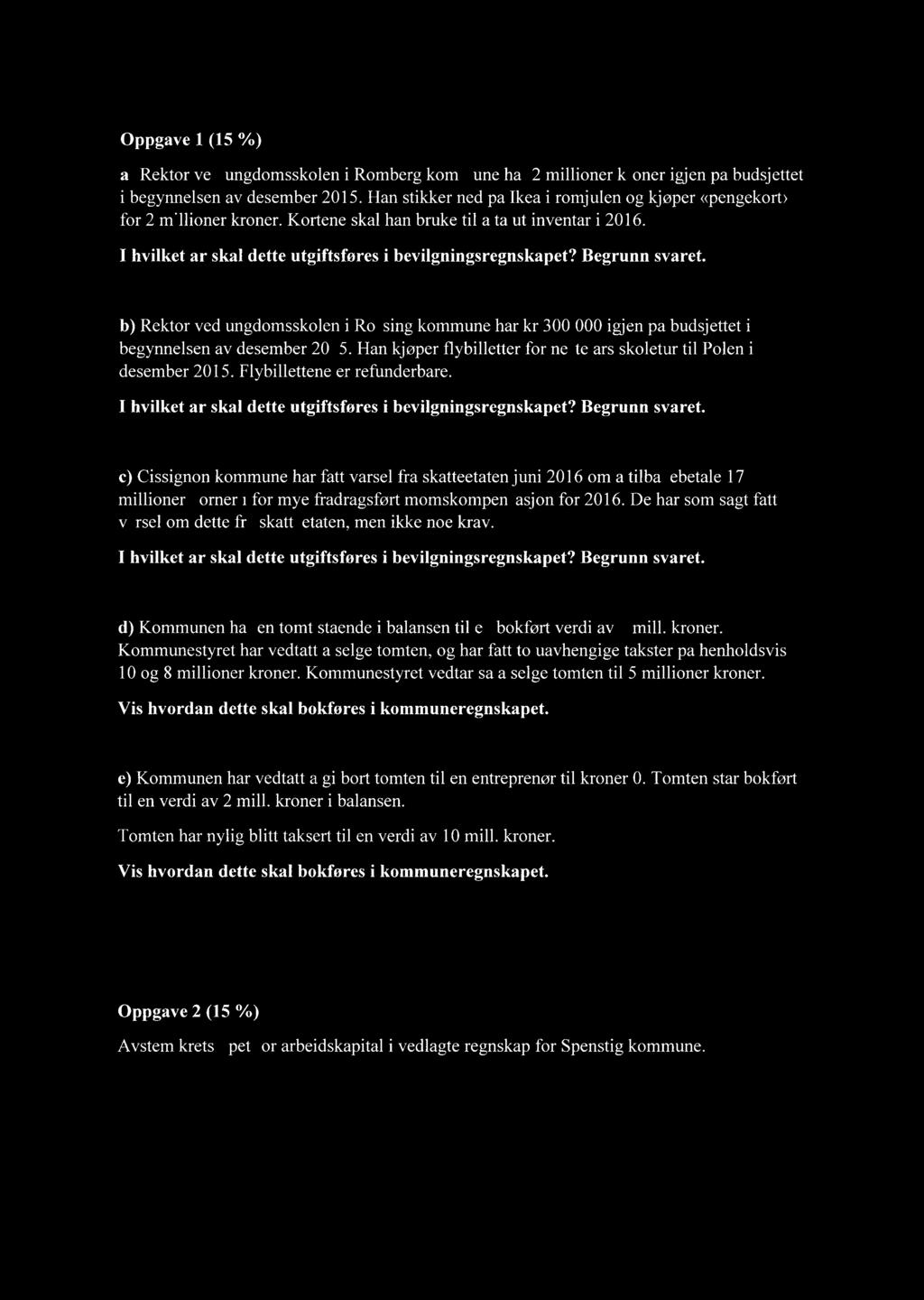 Oppgave 1 (15 %) Rektor ved ungdomsskolen i Romberg kommune har 2 millioner kroner igjen på budsjettet i begynnelsen av desember 215.