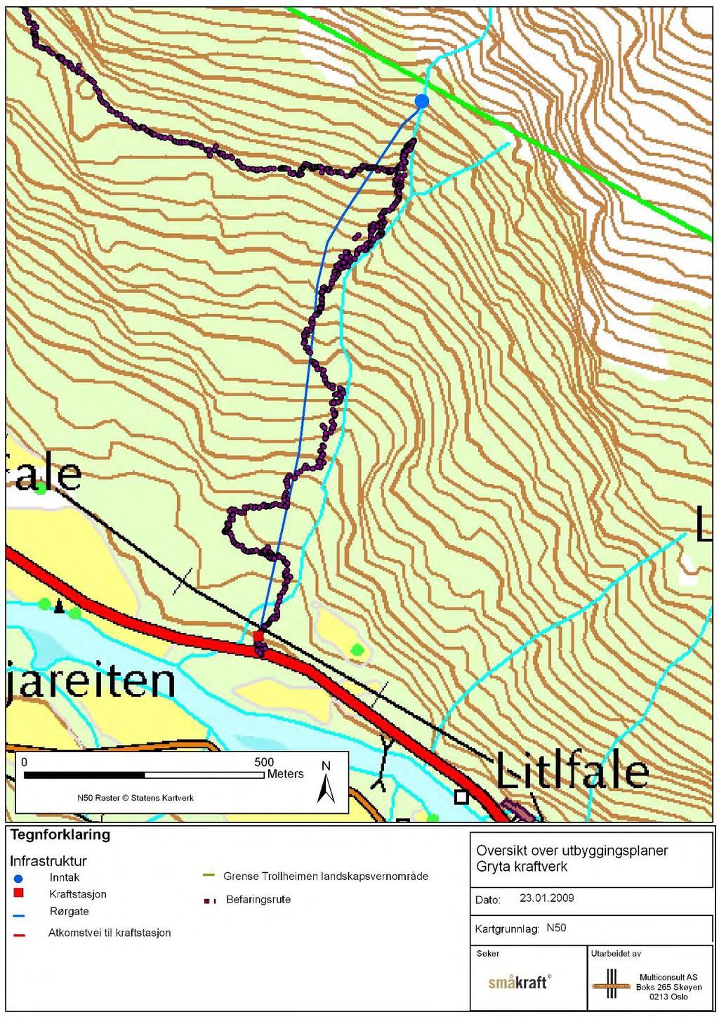 Miljøvurdering for Gryta kraftverk Side 8 Figur 2: Utbyggingsplaner for Gryta kraftverk, med logget rute for befaringen oktober 2008.