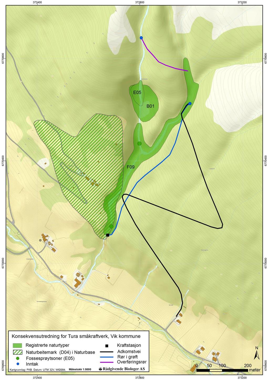 Figur 6. Oversikt over registrerte naturtyper i forhold til tiltaksplanene for Tura småkraftverk.