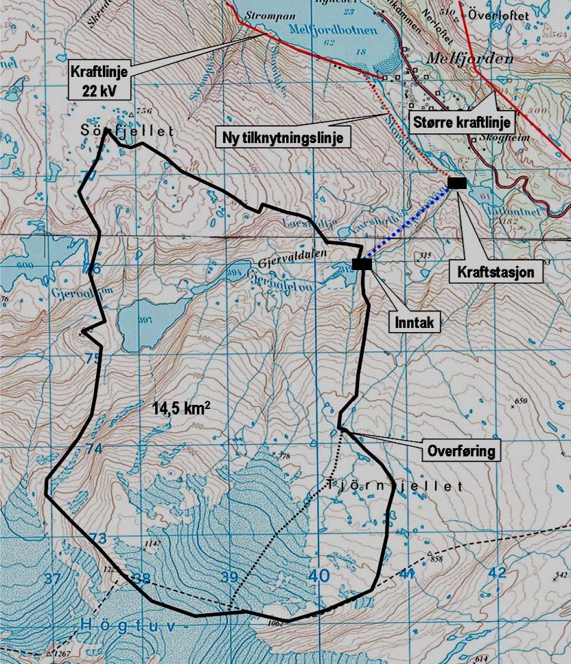 UTBYGGINGSPLANER Det planlagte Gjervalåga kraftverk skal utnytte fallet mellom kote 312 og kote 65 Gjervalåga i Rødøy kommune i Nordland, en brutto fallhøyde på 247 m, som gir en installert effekt på